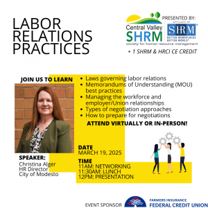 Labor Relations Practices event flyer – March 19, 2025, featuring speaker Christina Alger on labor relations laws, MOU best practices, and negotiation approaches